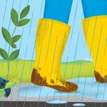 Graphic image of child's legs with muddy boots walking in the rain.